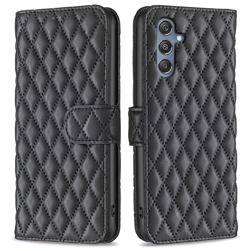 BINFEN COLOR BF Style-14 for Samsung Galaxy F34 5G / M34 5G Wallet Phone Case PU Leather Imprinted Grid Stand Cover - Black