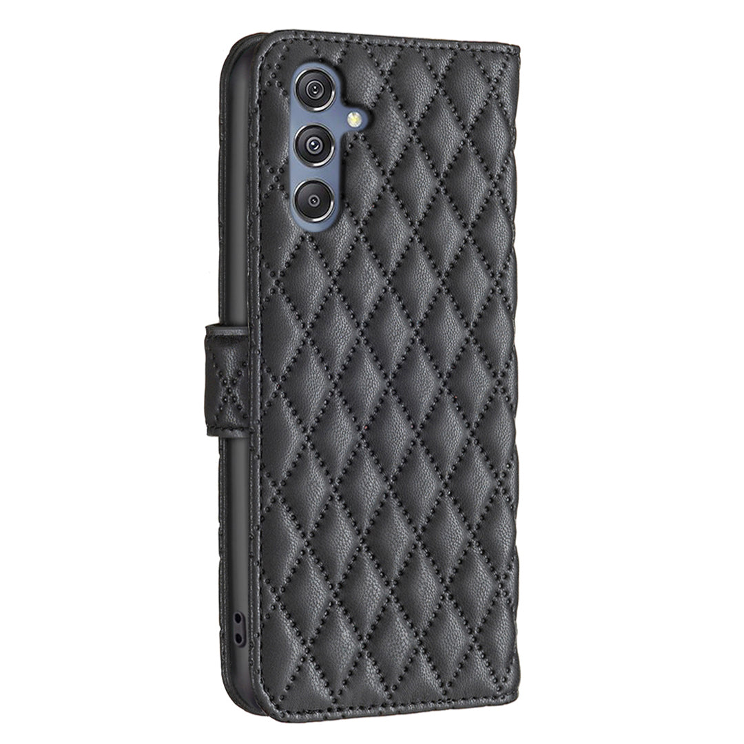 BINFEN COLOR BF Style-14 for Samsung Galaxy F34 5G / M34 5G Wallet Phone Case PU Leather Imprinted Grid Stand Cover - Black