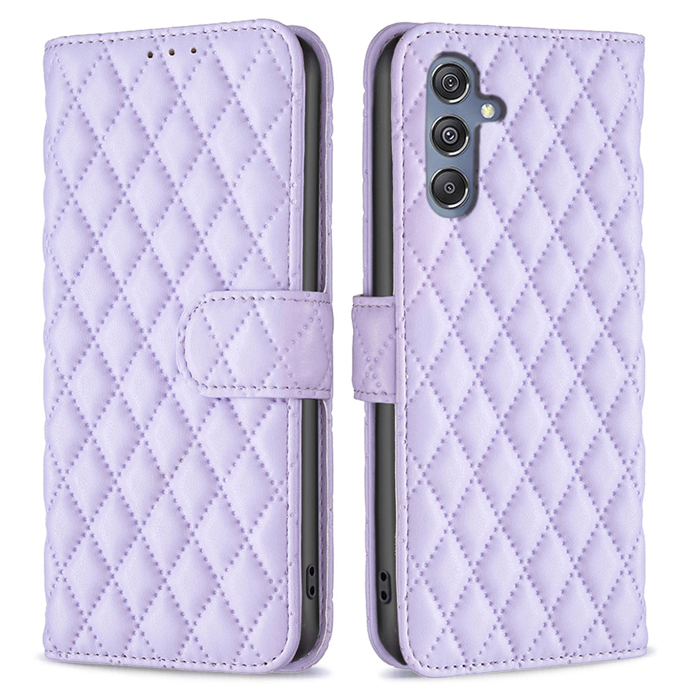 BINFEN COLOR BF Style-14 for Samsung Galaxy F34 5G / M34 5G Wallet Phone Case PU Leather Imprinted Grid Stand Cover - Purple