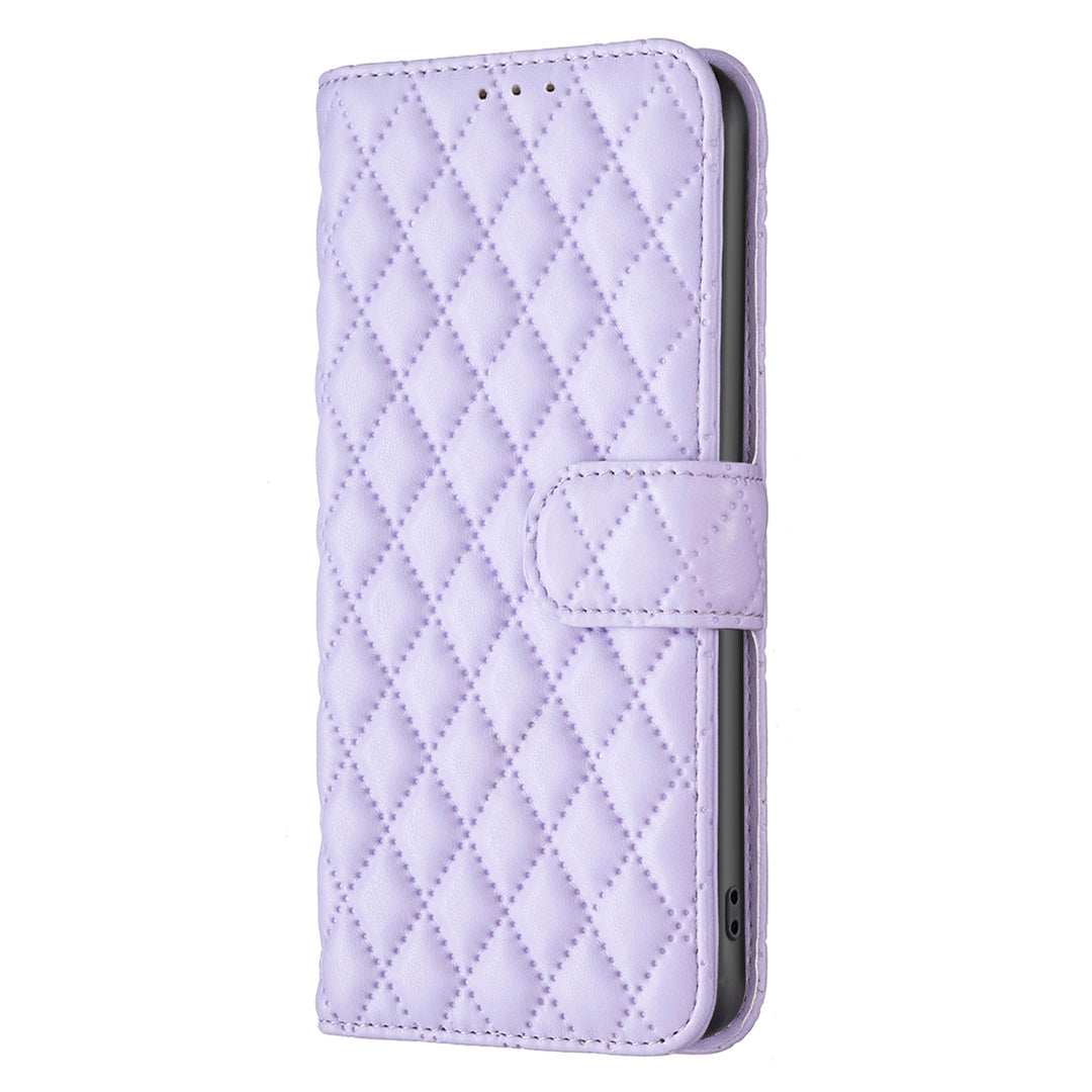 BINFEN COLOR BF Style-14 for Samsung Galaxy F34 5G / M34 5G Wallet Phone Case PU Leather Imprinted Grid Stand Cover - Purple