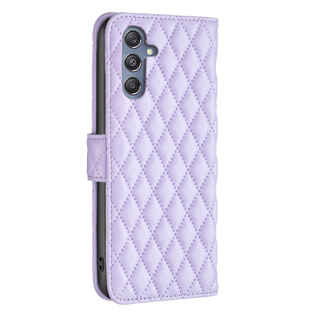 BINFEN COLOR BF Style-14 for Samsung Galaxy F34 5G / M34 5G Wallet Phone Case PU Leather Imprinted Grid Stand Cover - Purple