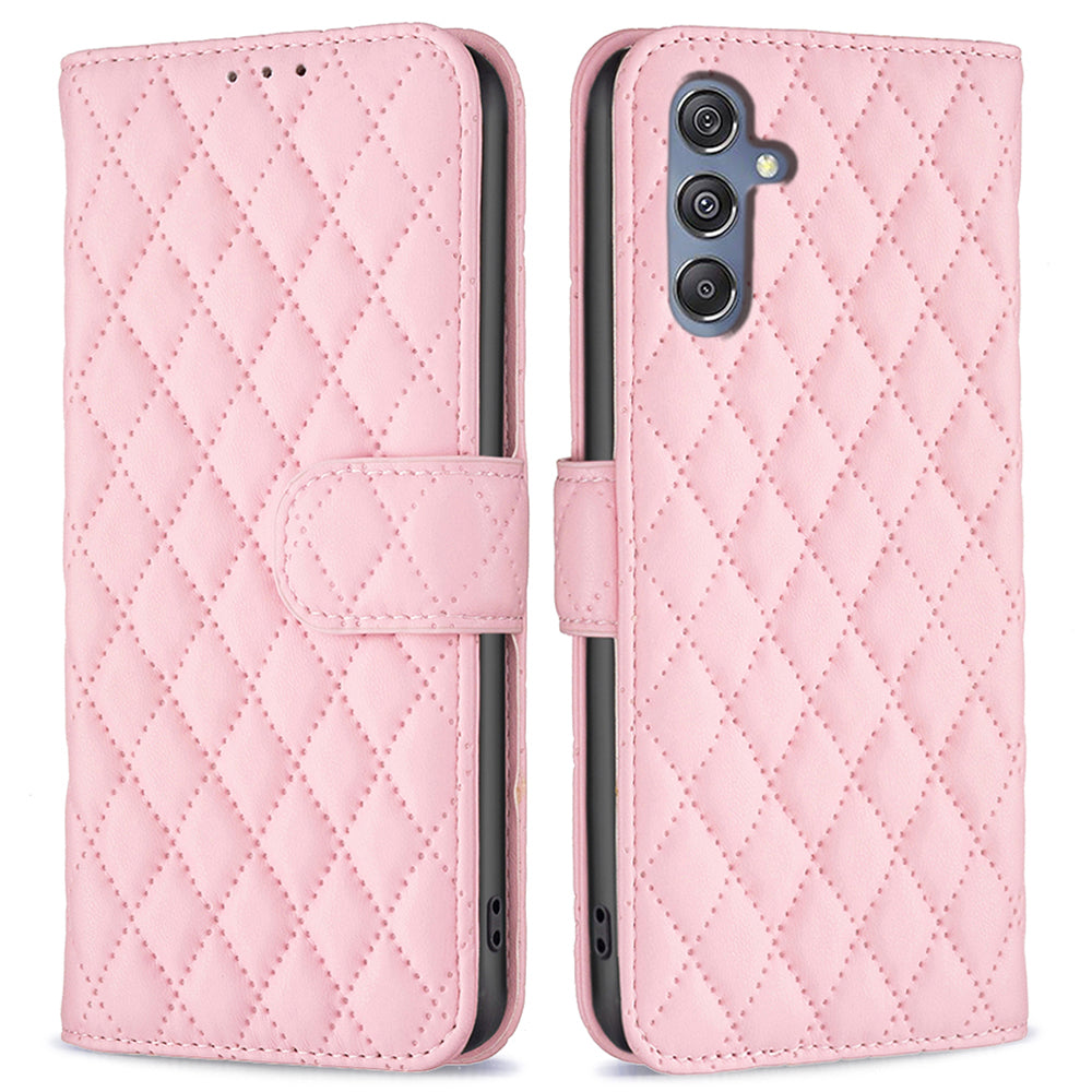 BINFEN COLOR BF Style-14 for Samsung Galaxy F34 5G / M34 5G Wallet Phone Case PU Leather Imprinted Grid Stand Cover - Pink