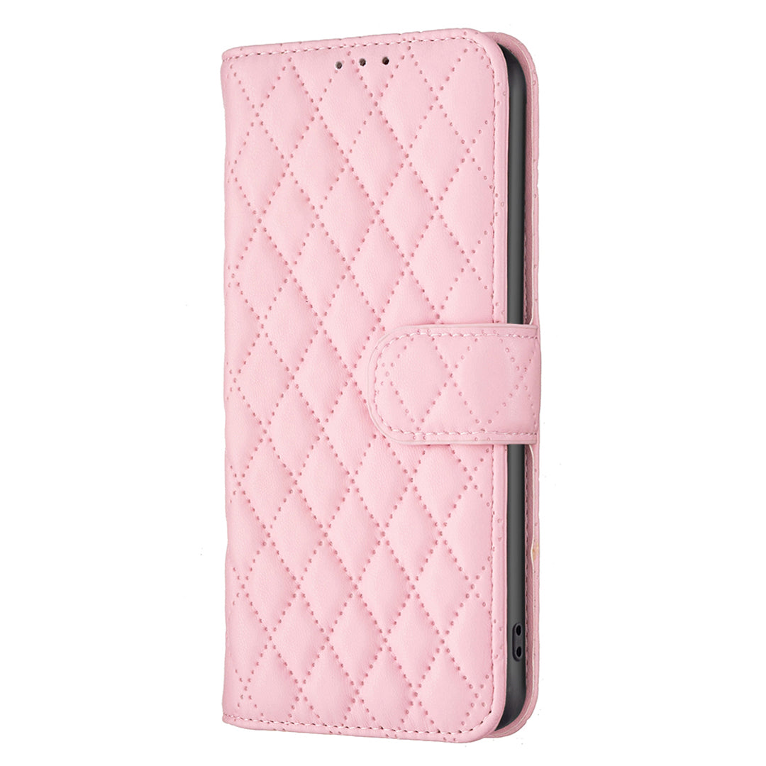 BINFEN COLOR BF Style-14 for Samsung Galaxy F34 5G / M34 5G Wallet Phone Case PU Leather Imprinted Grid Stand Cover - Pink