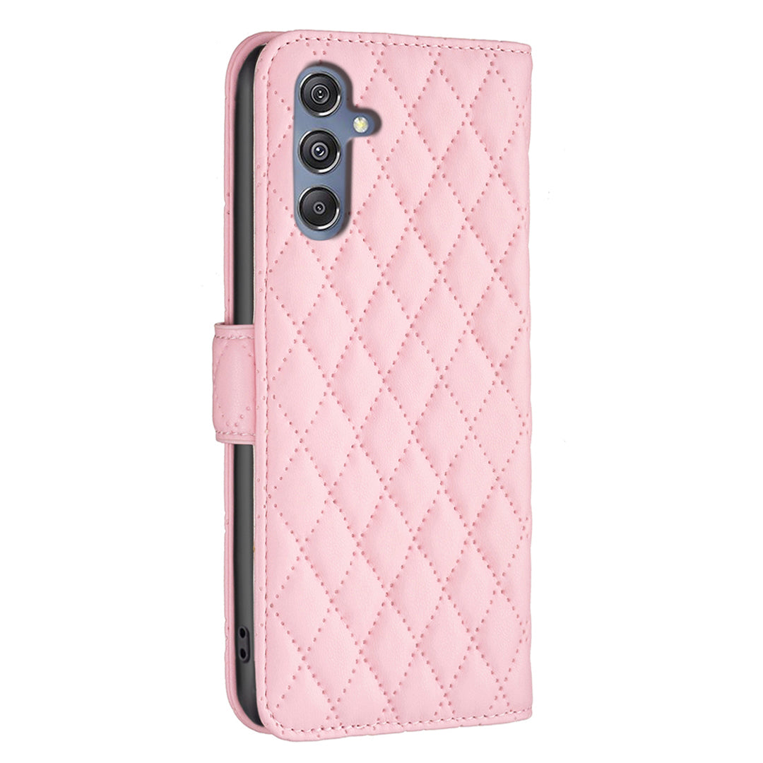 BINFEN COLOR BF Style-14 for Samsung Galaxy F34 5G / M34 5G Wallet Phone Case PU Leather Imprinted Grid Stand Cover - Pink