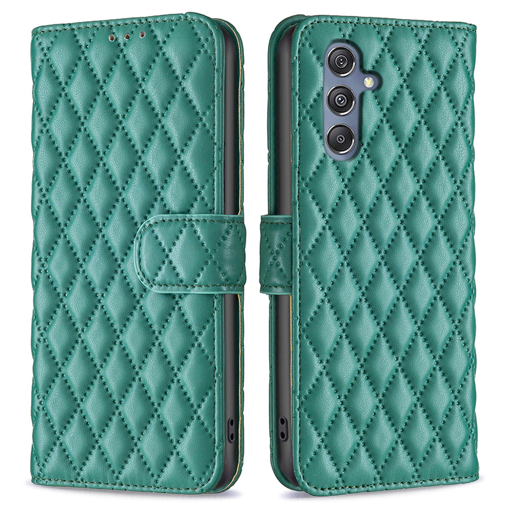 BINFEN COLOR BF Style-14 for Samsung Galaxy F34 5G / M34 5G Wallet Phone Case PU Leather Imprinted Grid Stand Cover - Green