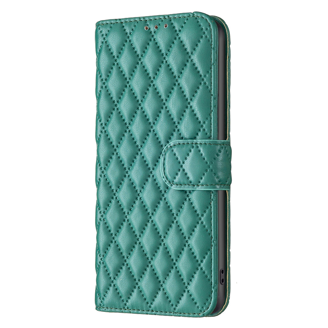 BINFEN COLOR BF Style-14 for Samsung Galaxy F34 5G / M34 5G Wallet Phone Case PU Leather Imprinted Grid Stand Cover - Green