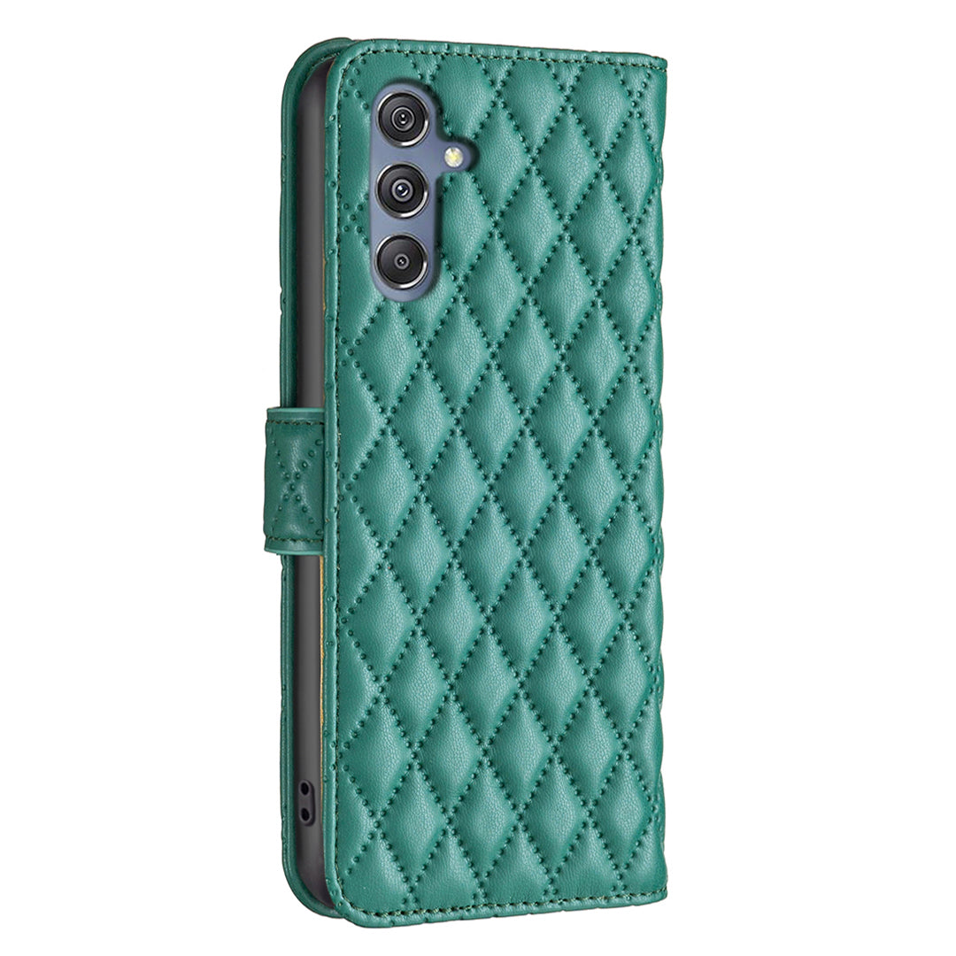 BINFEN COLOR BF Style-14 for Samsung Galaxy F34 5G / M34 5G Wallet Phone Case PU Leather Imprinted Grid Stand Cover - Green