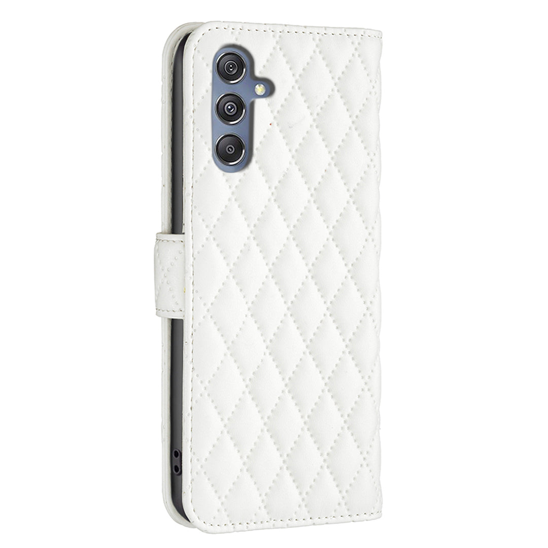 BINFEN COLOR BF Style-14 for Samsung Galaxy F34 5G / M34 5G Wallet Phone Case PU Leather Imprinted Grid Stand Cover - White