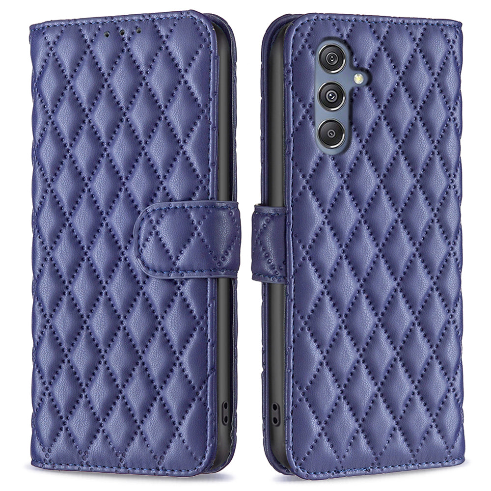 BINFEN COLOR BF Style-14 for Samsung Galaxy F34 5G / M34 5G Wallet Phone Case PU Leather Imprinted Grid Stand Cover - Blue