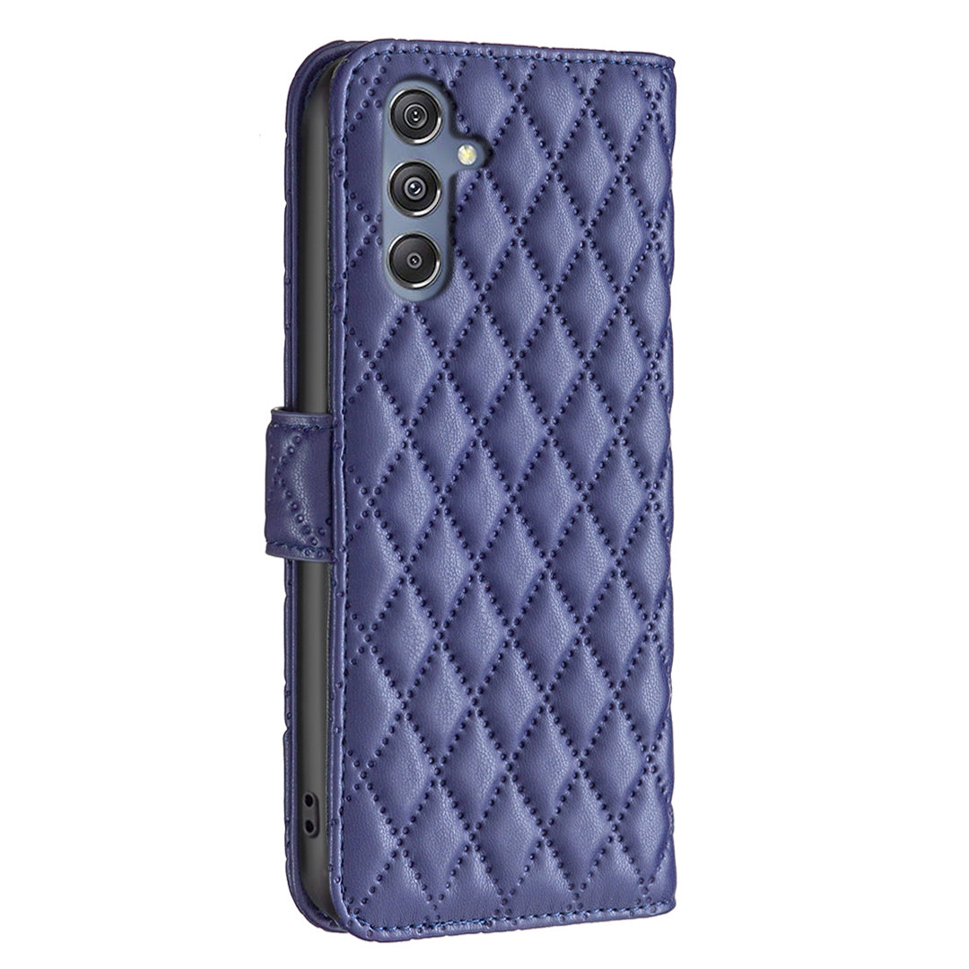 BINFEN COLOR BF Style-14 for Samsung Galaxy F34 5G / M34 5G Wallet Phone Case PU Leather Imprinted Grid Stand Cover - Blue