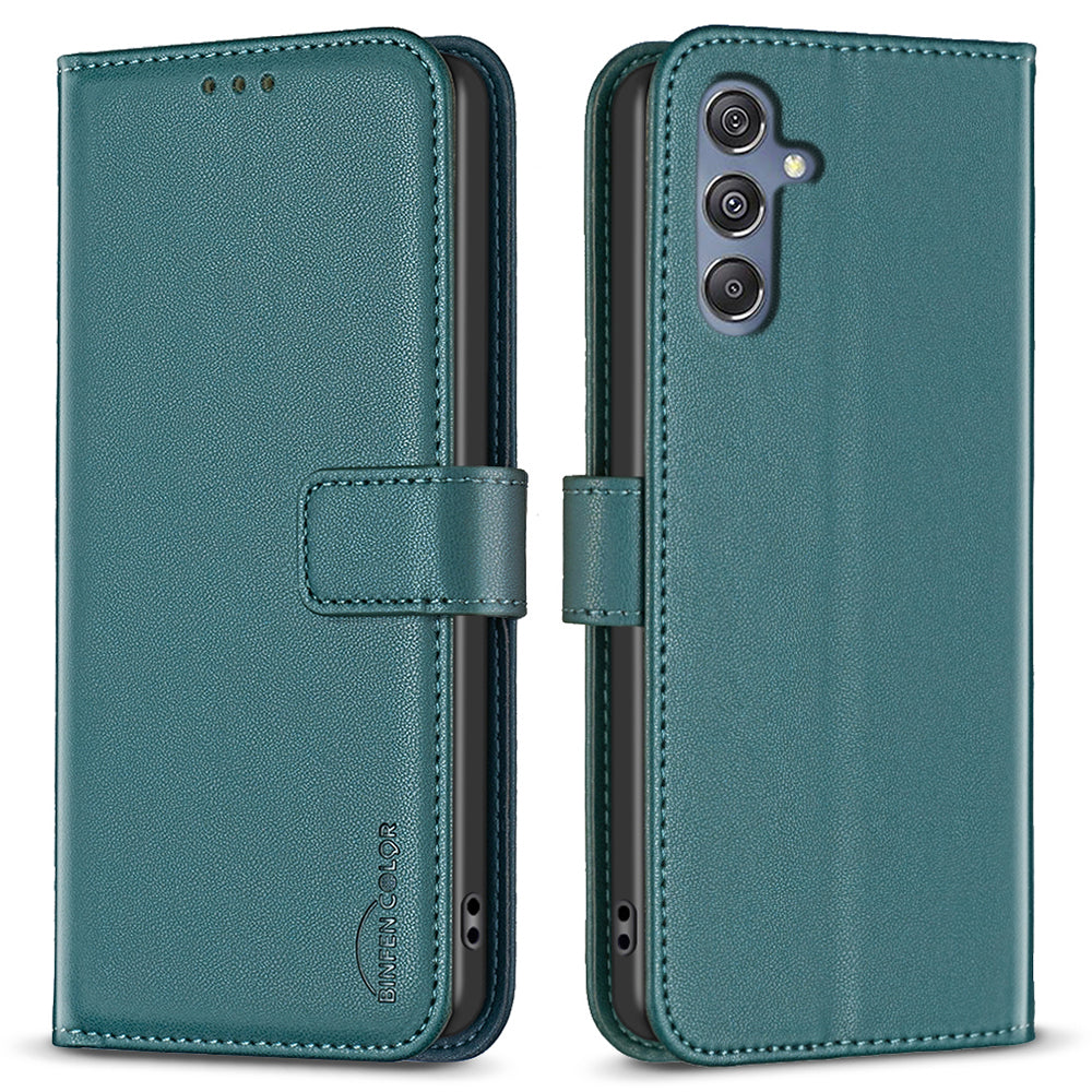 BINFEN COLOR BF17 Leather Flip Cover for Samsung Galaxy F34 5G / M34 5G , Wallet Stand Full Protection Phone Case - Green