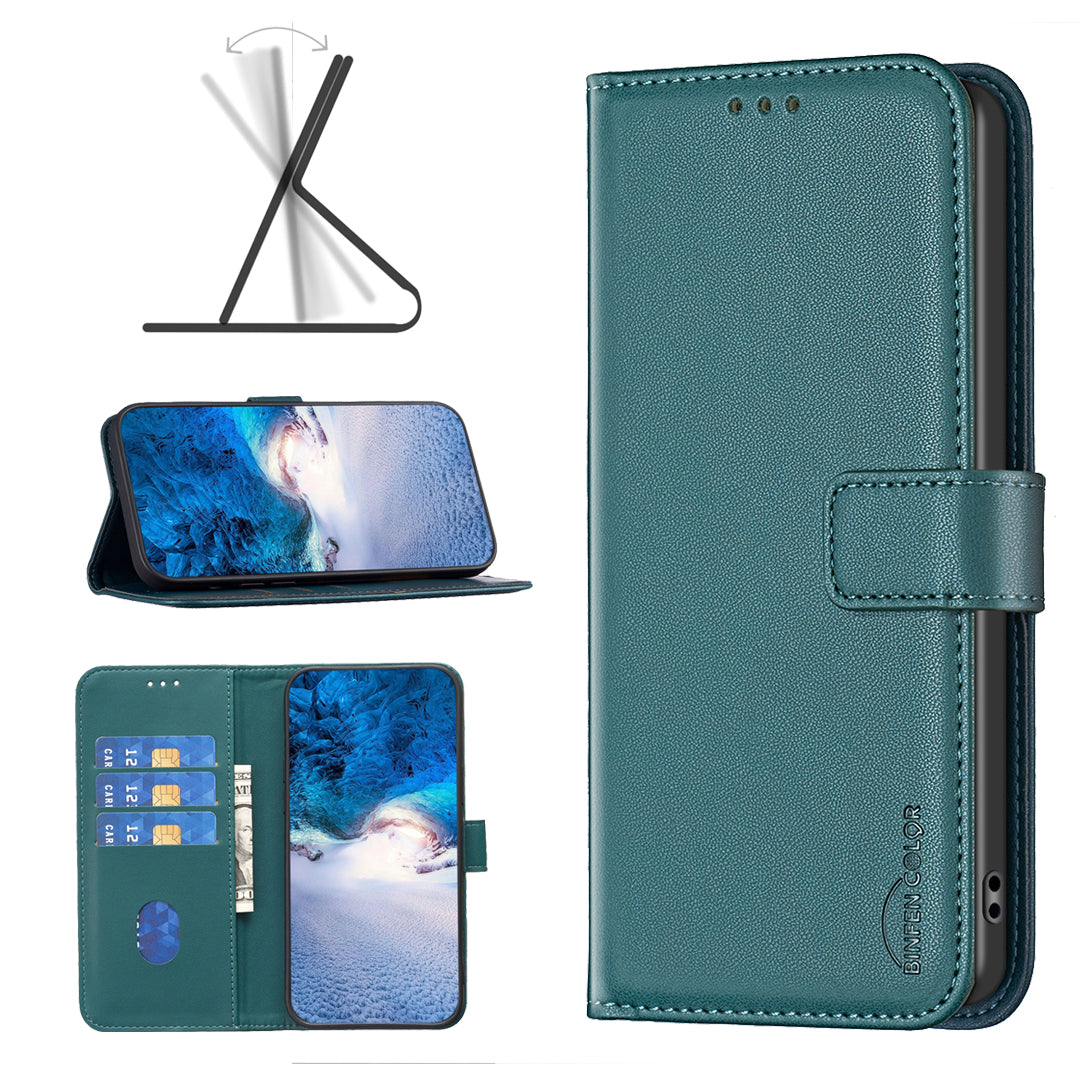 BINFEN COLOR BF17 Leather Flip Cover for Samsung Galaxy F34 5G / M34 5G , Wallet Stand Full Protection Phone Case - Green