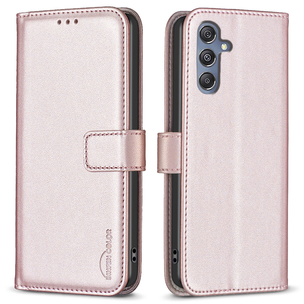 BINFEN COLOR BF17 Leather Flip Cover for Samsung Galaxy F34 5G / M34 5G , Wallet Stand Full Protection Phone Case - Rose Gold