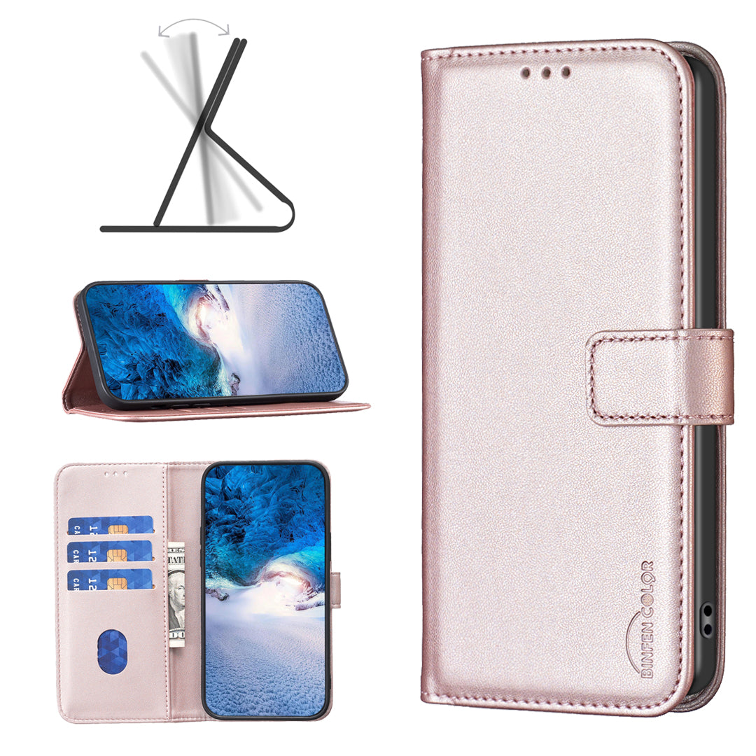 BINFEN COLOR BF17 Leather Flip Cover for Samsung Galaxy F34 5G / M34 5G , Wallet Stand Full Protection Phone Case - Rose Gold