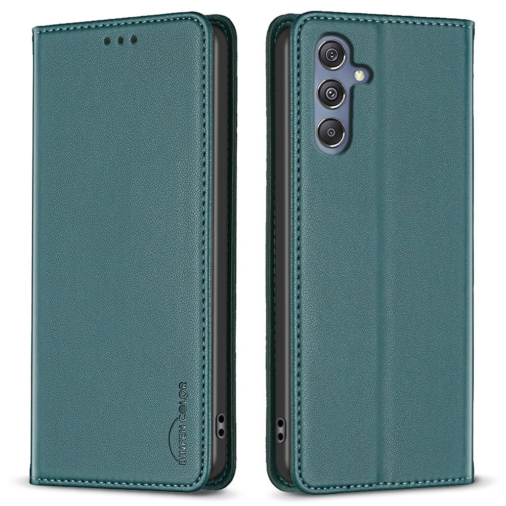 BINFEN COLOR BF18 For Samsung Galaxy F34 5G / M34 5G Leather Phone Case Card Holder Foldable Stand Cover - Green