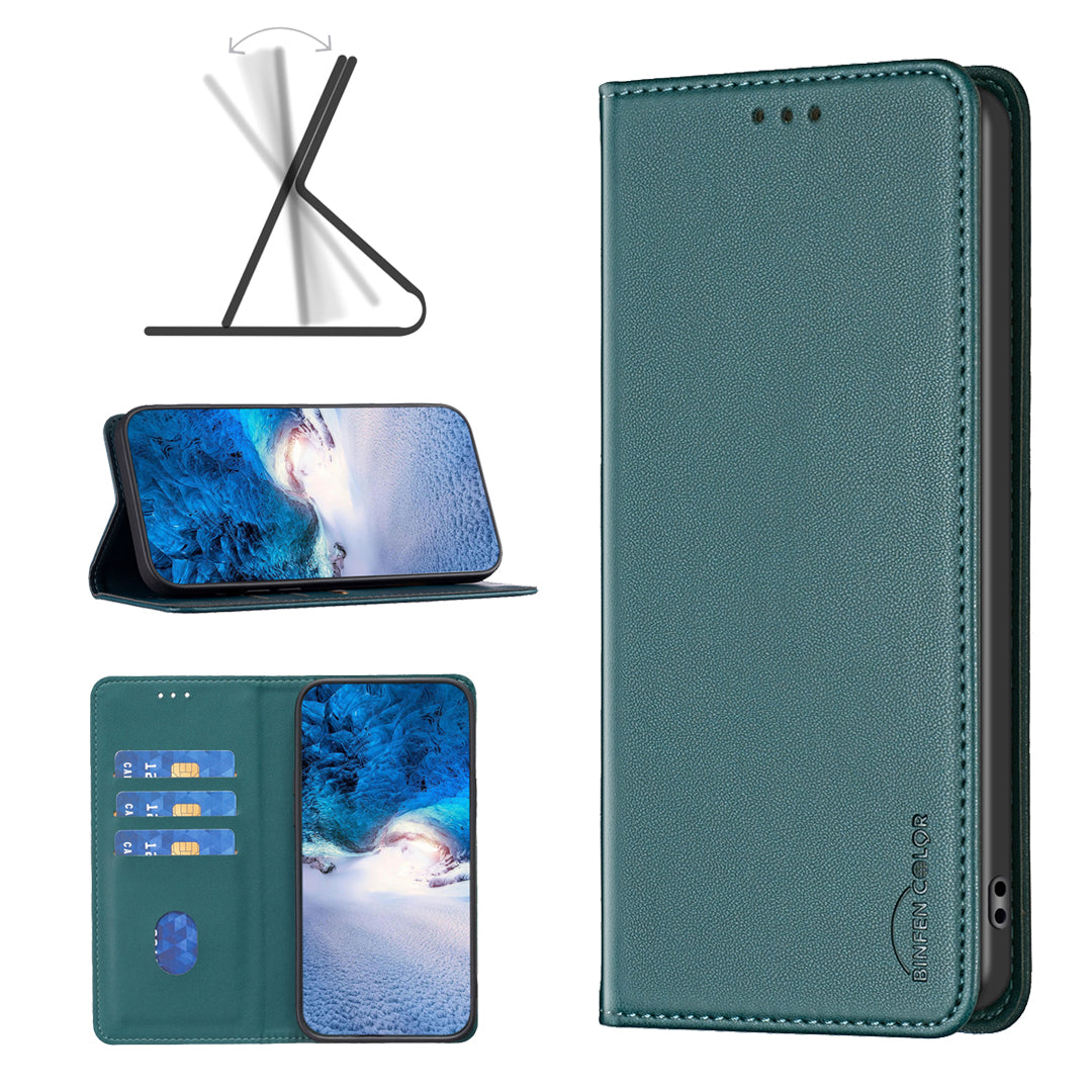 BINFEN COLOR BF18 For Samsung Galaxy F34 5G / M34 5G Leather Phone Case Card Holder Foldable Stand Cover - Green