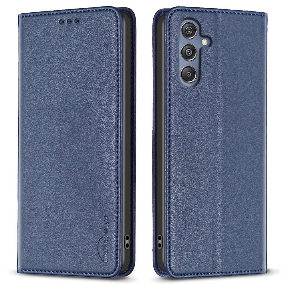 BINFEN COLOR BF18 For Samsung Galaxy F34 5G / M34 5G Leather Phone Case Card Holder Foldable Stand Cover - Blue