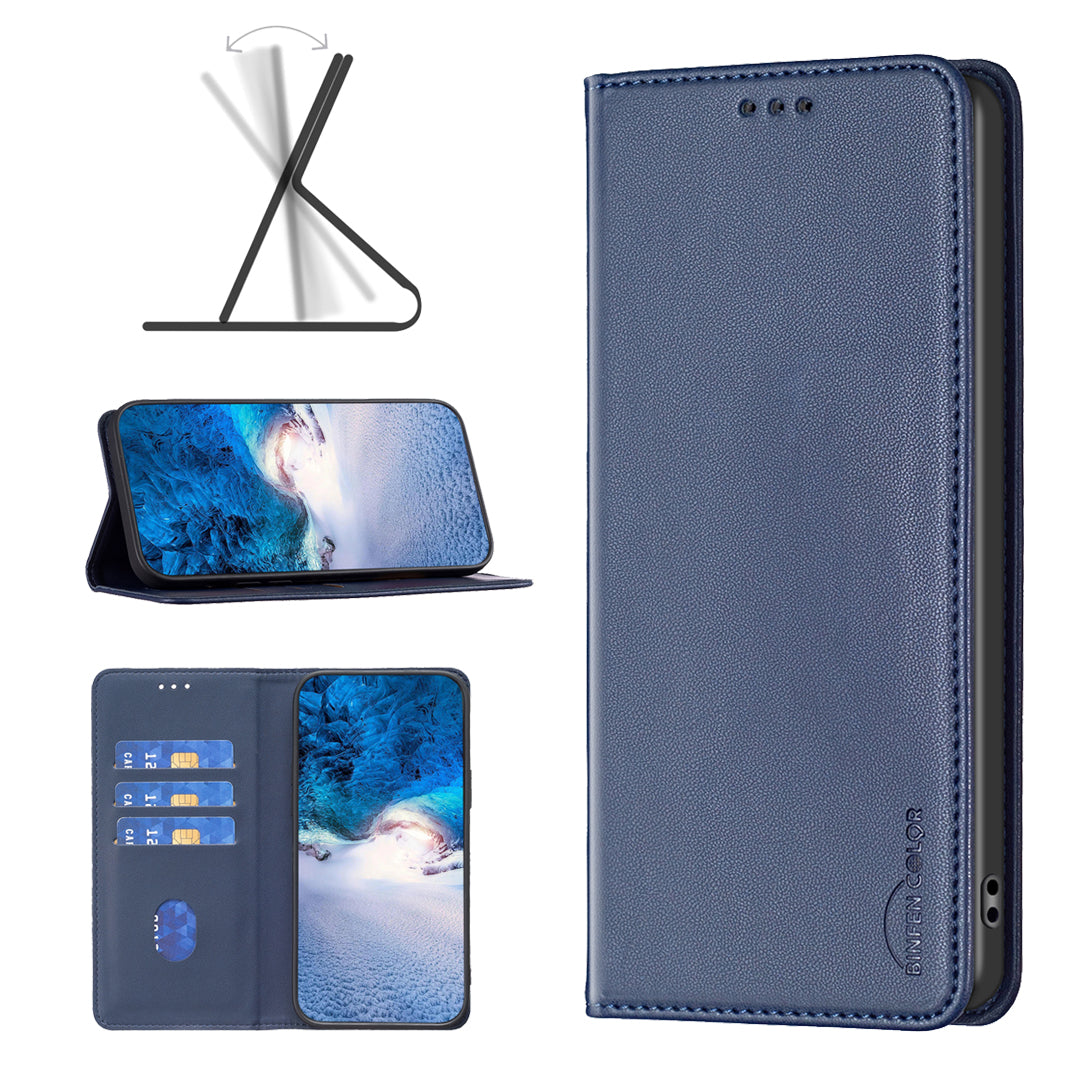 BINFEN COLOR BF18 For Samsung Galaxy F34 5G / M34 5G Leather Phone Case Card Holder Foldable Stand Cover - Blue