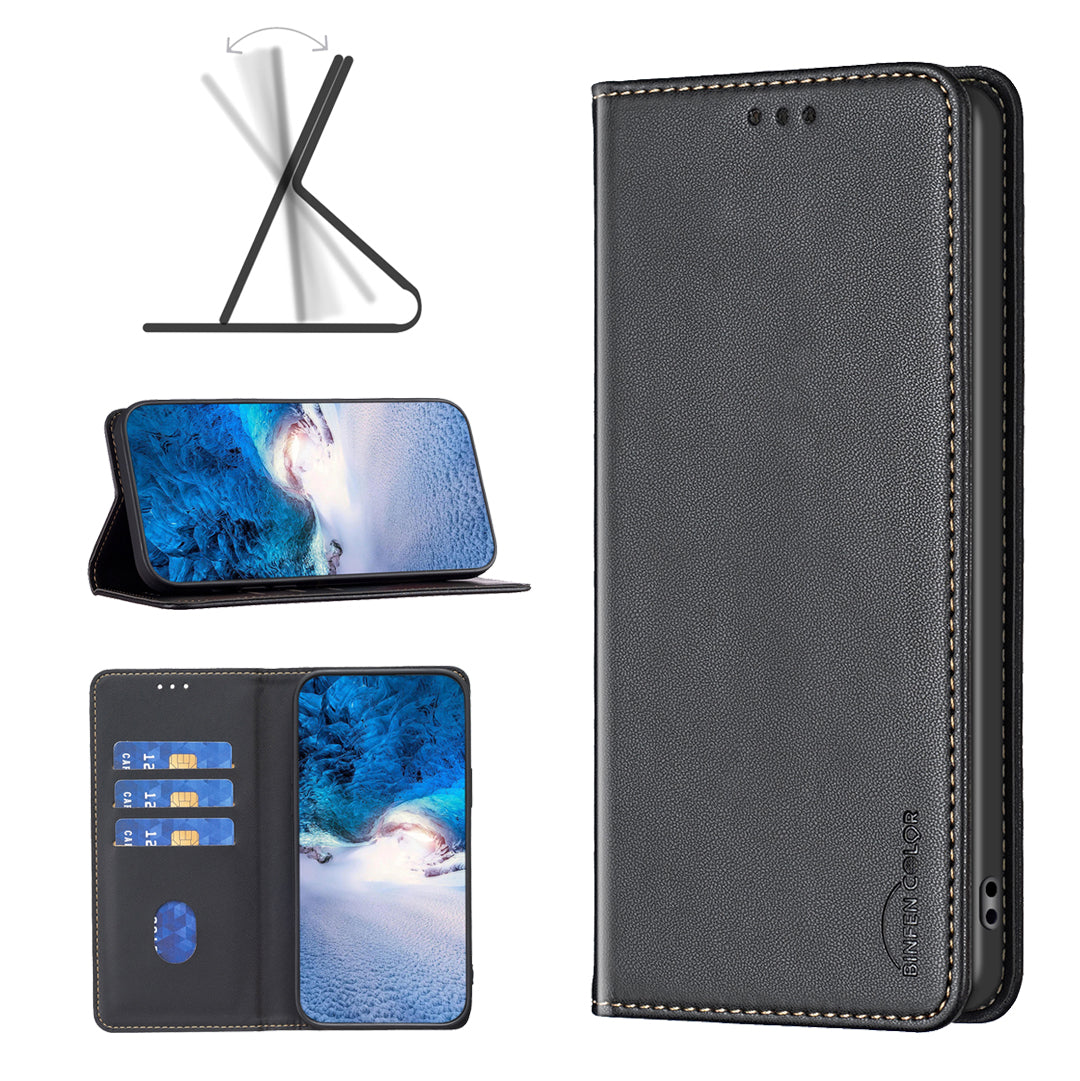 BINFEN COLOR BF18 For Samsung Galaxy F34 5G / M34 5G Leather Phone Case Card Holder Foldable Stand Cover - Black