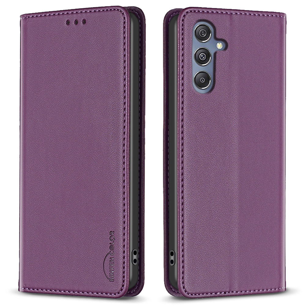 BINFEN COLOR BF18 For Samsung Galaxy F34 5G / M34 5G Leather Phone Case Card Holder Foldable Stand Cover - Dark Purple