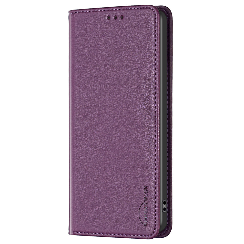 BINFEN COLOR BF18 For Samsung Galaxy F34 5G / M34 5G Leather Phone Case Card Holder Foldable Stand Cover - Dark Purple