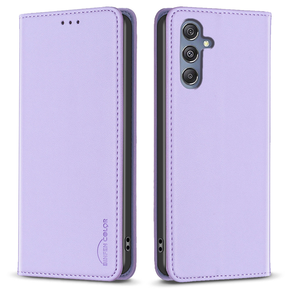 BINFEN COLOR BF18 For Samsung Galaxy F34 5G / M34 5G Leather Phone Case Card Holder Foldable Stand Cover - Purple