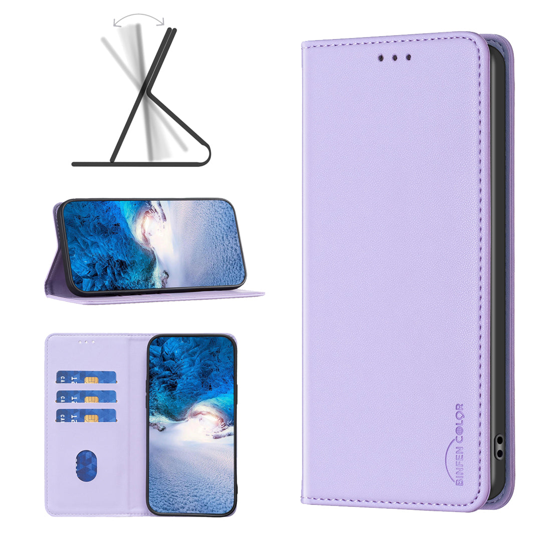 BINFEN COLOR BF18 For Samsung Galaxy F34 5G / M34 5G Leather Phone Case Card Holder Foldable Stand Cover - Purple