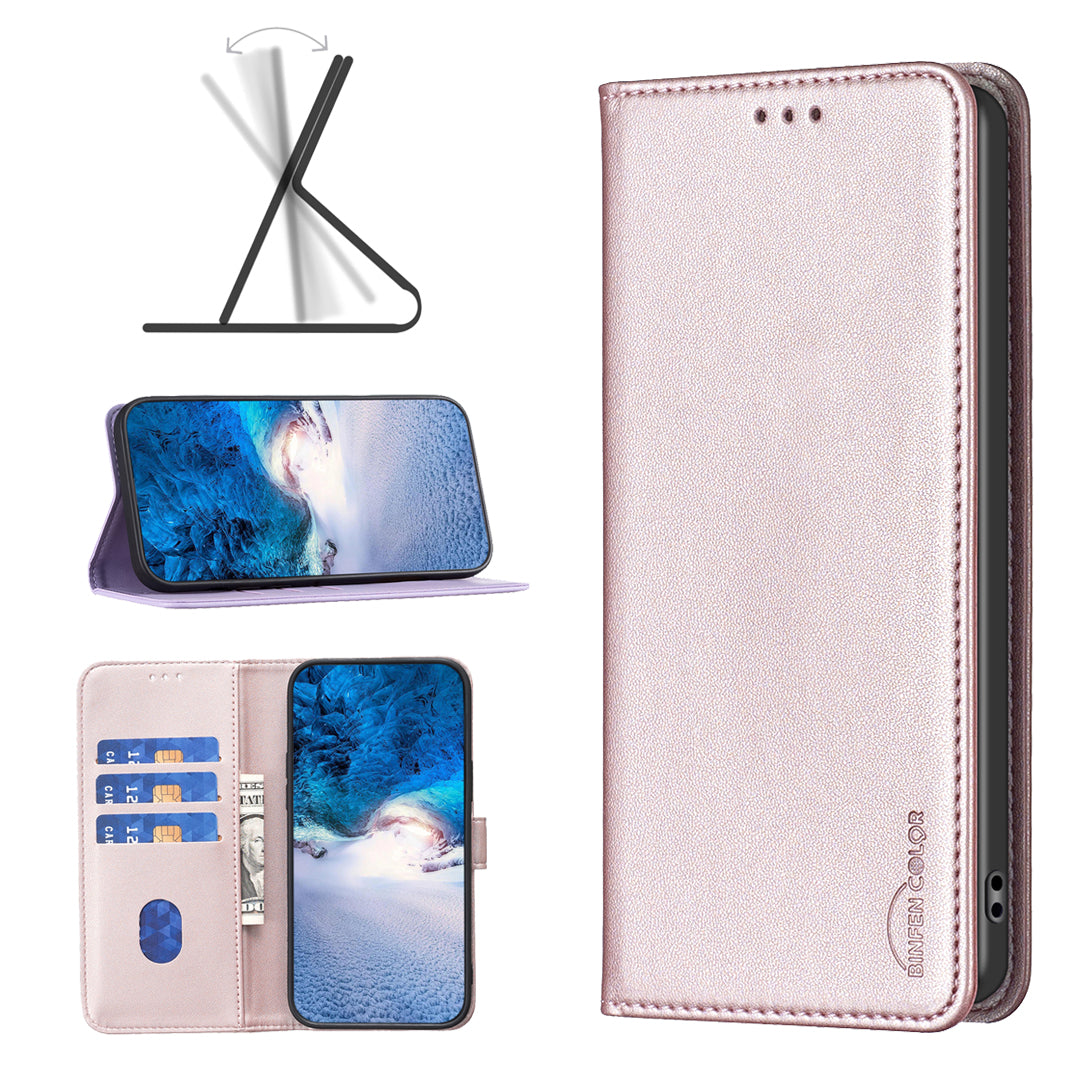 BINFEN COLOR BF18 For Samsung Galaxy F34 5G / M34 5G Leather Phone Case Card Holder Foldable Stand Cover - Rose Gold