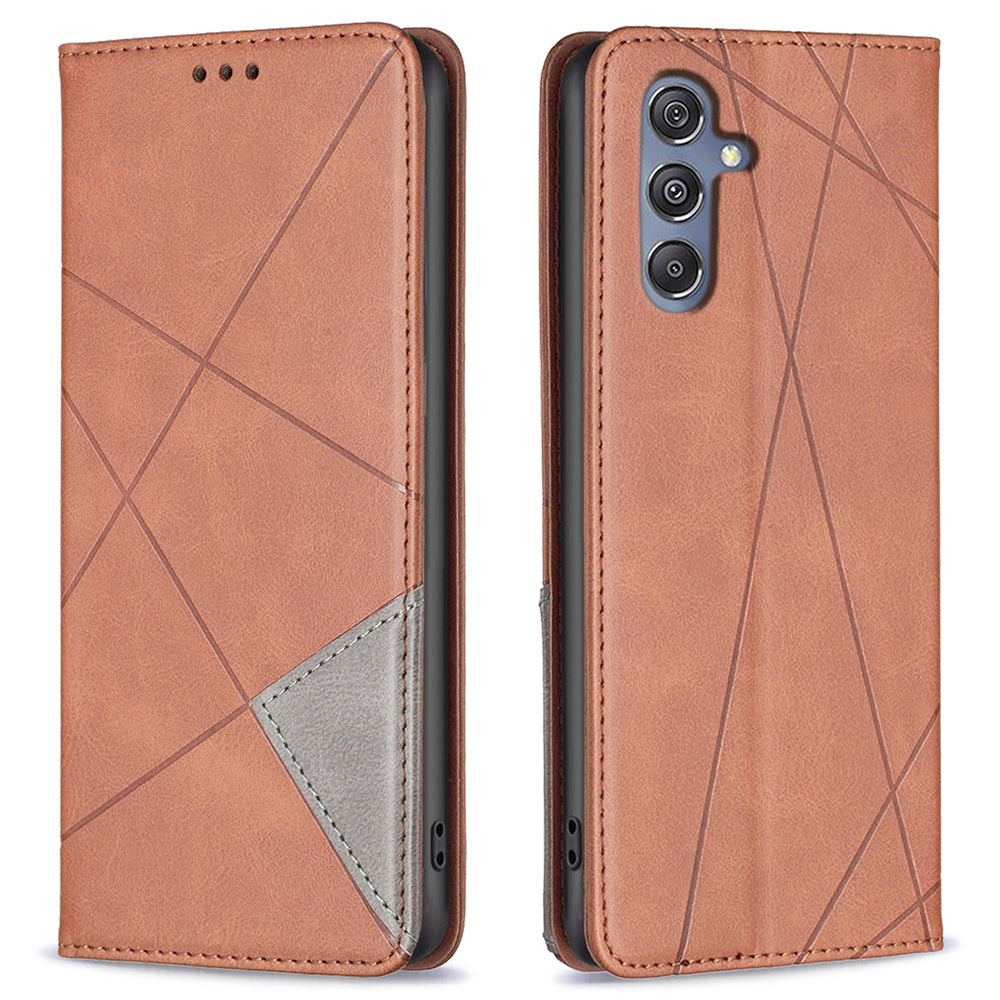 For Samsung Galaxy F34 5G / M34 5G Stand Flip Cover PU Leather Imprinted Line Phone Case with Card Slots - Brown