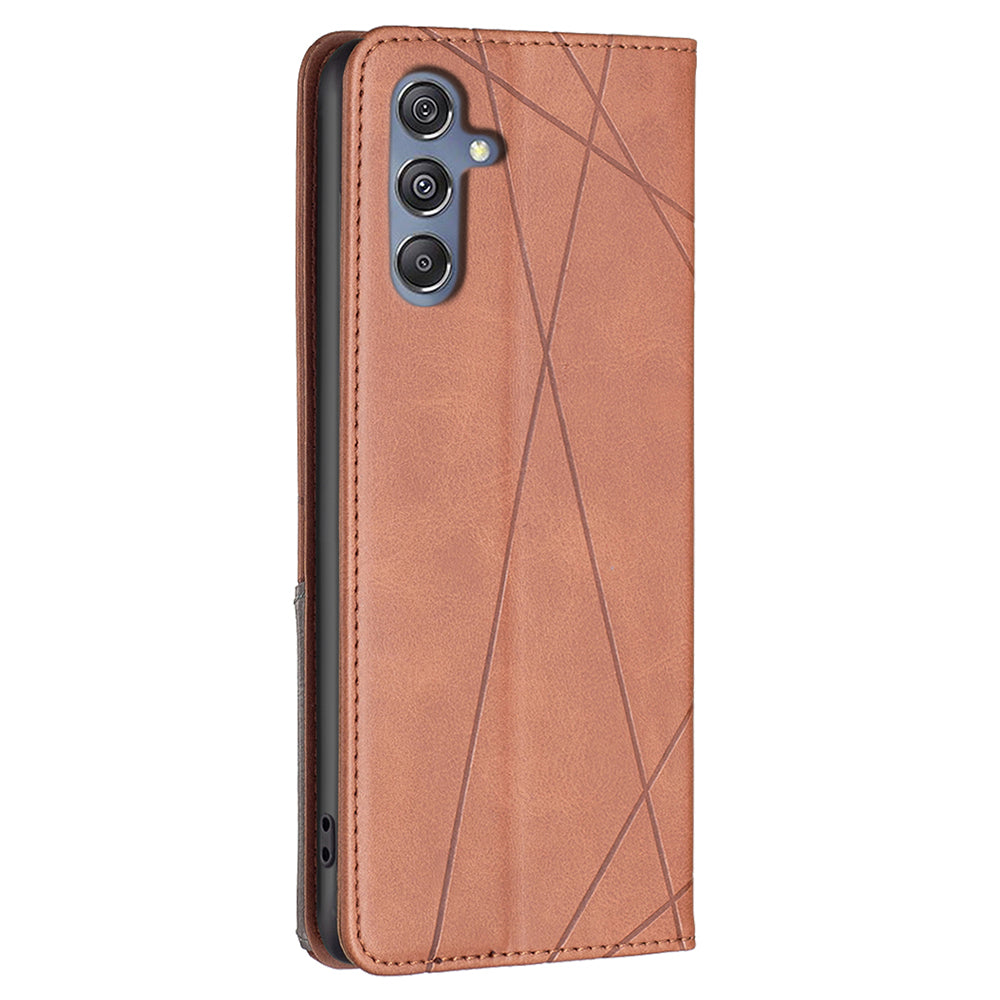 For Samsung Galaxy F34 5G / M34 5G Stand Flip Cover PU Leather Imprinted Line Phone Case with Card Slots - Brown