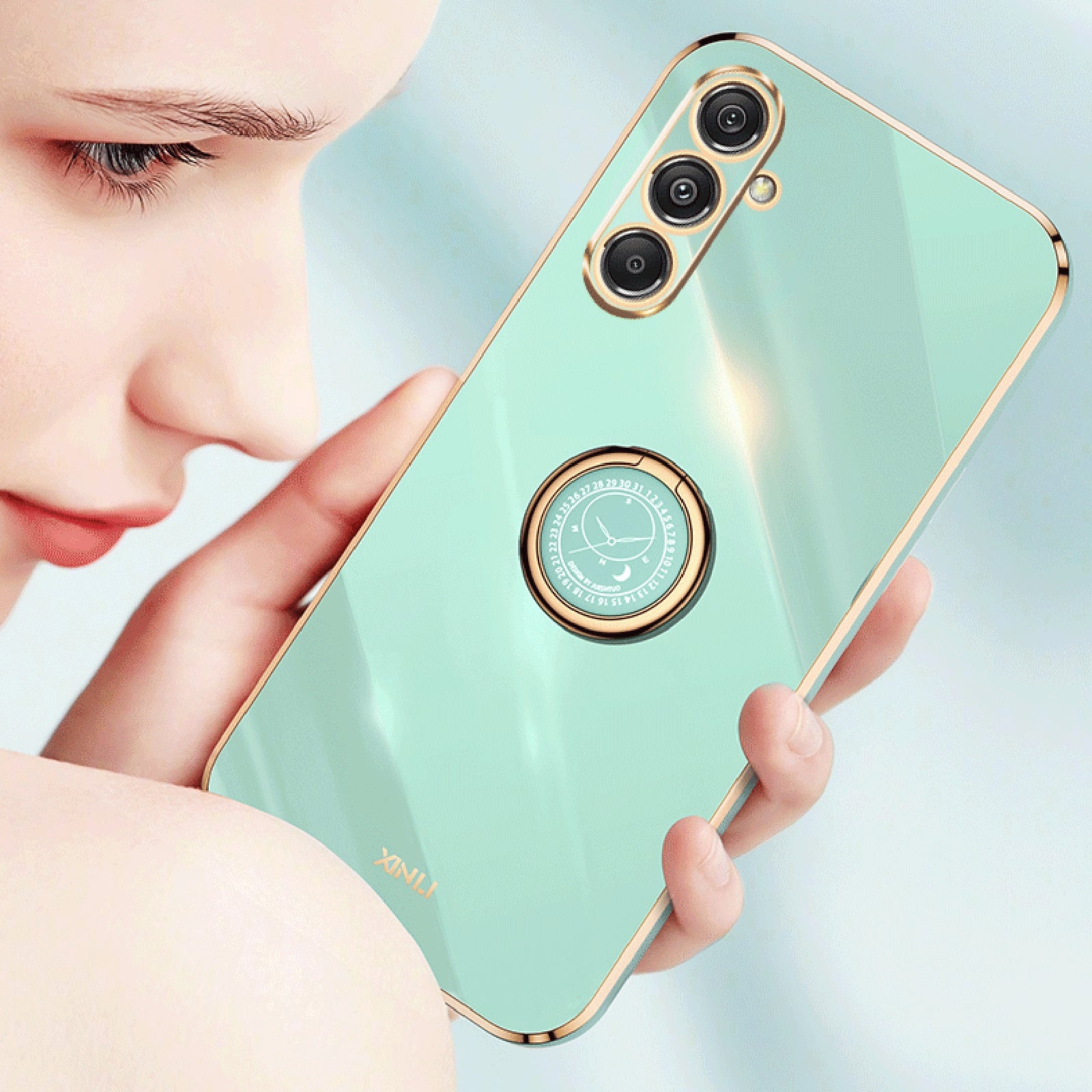 XINLI For Samsung Galaxy F34 5G / M34 5G Ring Kickstand TPU Back Cover Electroplated Anti-scratch Phone Case - Cyan