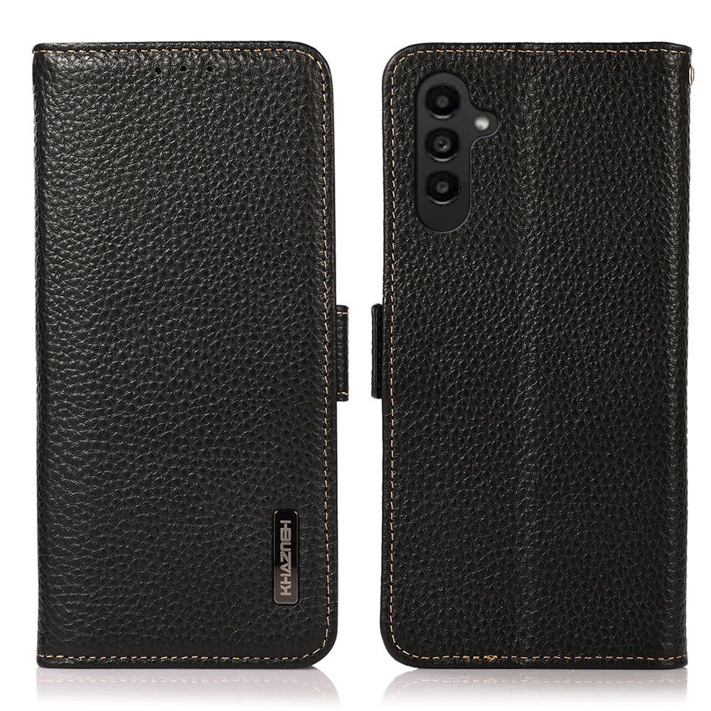 KHAZNEH For Samsung Galaxy F34 5G / M34 5G RFID Blocking Phone Case Stand Wallet Litchi Texture Genuine Cow Leather Cover - Black