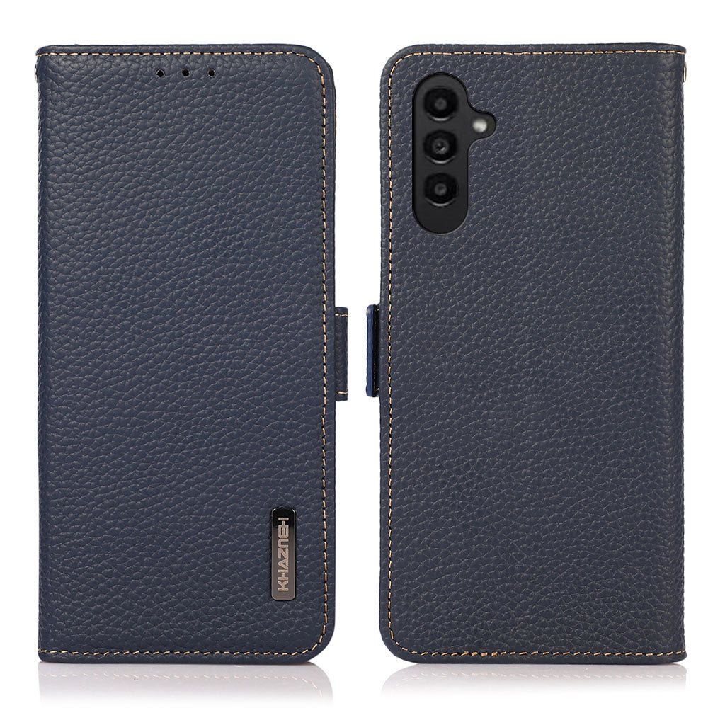 KHAZNEH For Samsung Galaxy F34 5G / M34 5G RFID Blocking Phone Case Stand Wallet Litchi Texture Genuine Cow Leather Cover - Blue