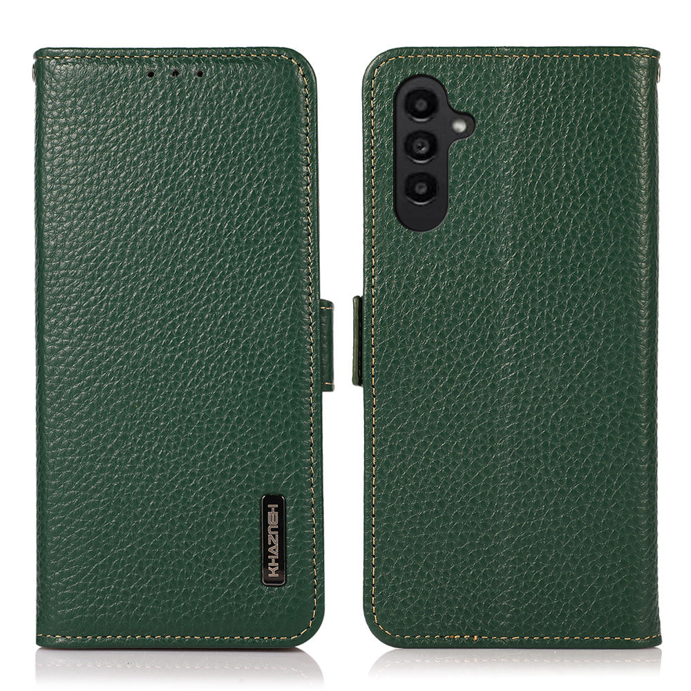 KHAZNEH For Samsung Galaxy F34 5G / M34 5G RFID Blocking Phone Case Stand Wallet Litchi Texture Genuine Cow Leather Cover - Green