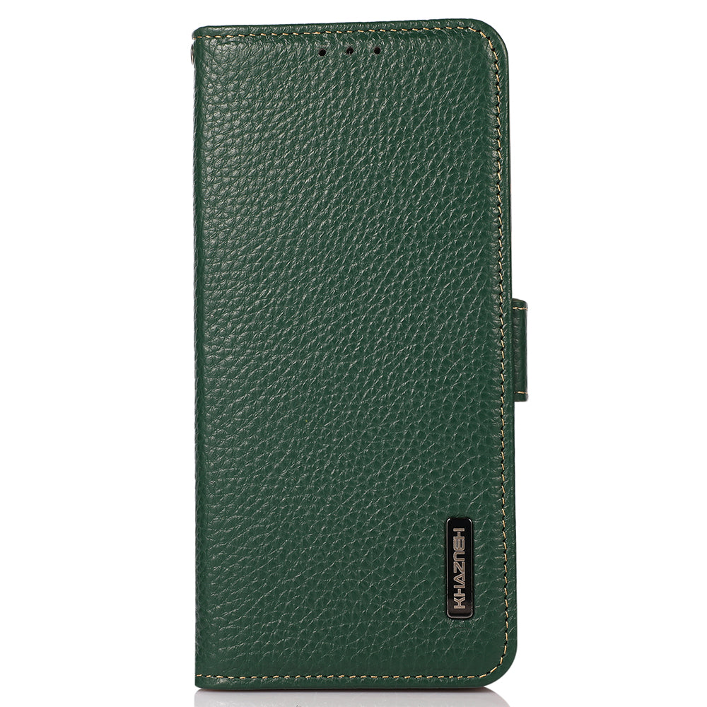 KHAZNEH For Samsung Galaxy F34 5G / M34 5G RFID Blocking Phone Case Stand Wallet Litchi Texture Genuine Cow Leather Cover - Green