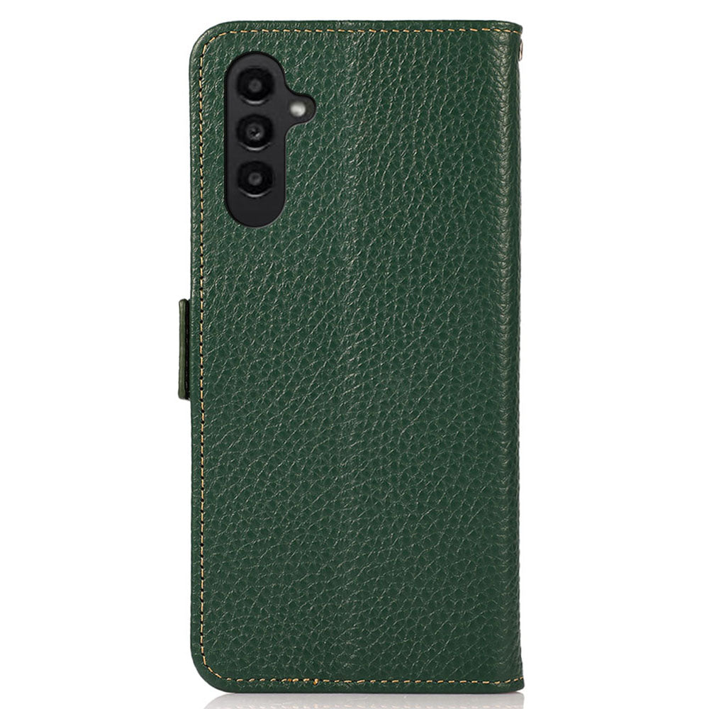 KHAZNEH For Samsung Galaxy F34 5G / M34 5G RFID Blocking Phone Case Stand Wallet Litchi Texture Genuine Cow Leather Cover - Green