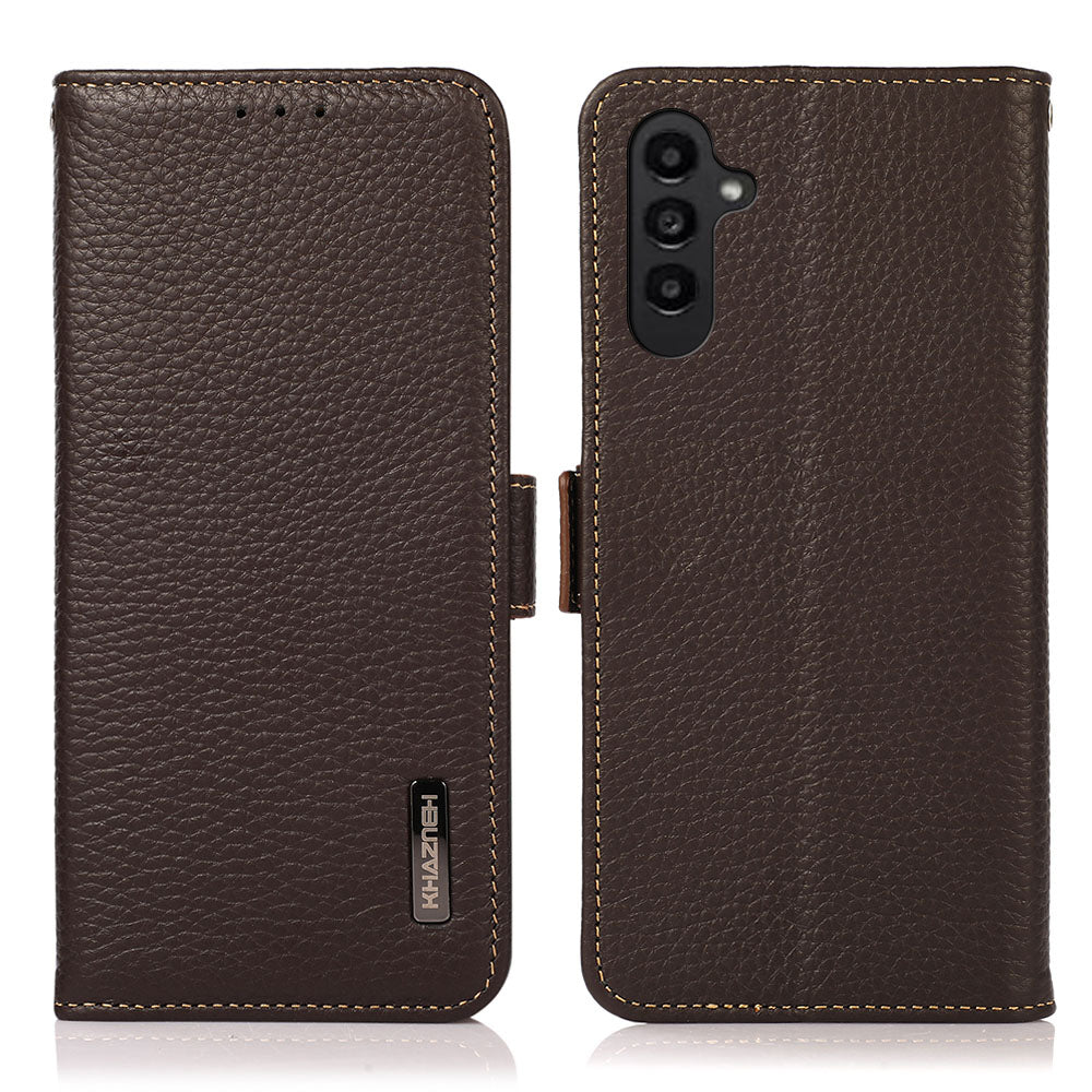 KHAZNEH For Samsung Galaxy F34 5G / M34 5G RFID Blocking Phone Case Stand Wallet Litchi Texture Genuine Cow Leather Cover - Brown