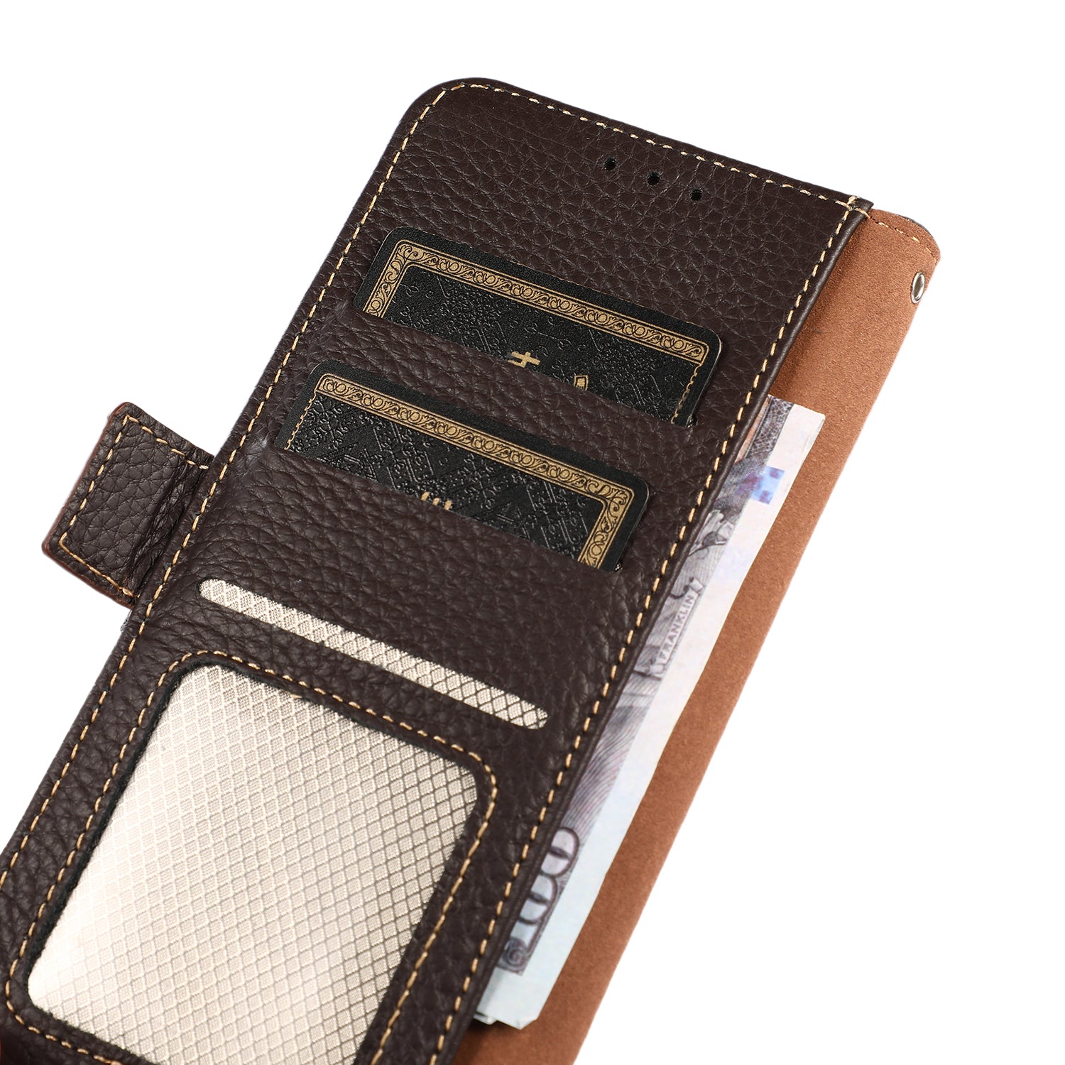 KHAZNEH For Samsung Galaxy F34 5G / M34 5G RFID Blocking Phone Case Stand Wallet Litchi Texture Genuine Cow Leather Cover - Brown