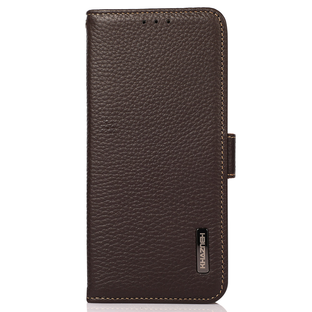 KHAZNEH For Samsung Galaxy F34 5G / M34 5G RFID Blocking Phone Case Stand Wallet Litchi Texture Genuine Cow Leather Cover - Brown