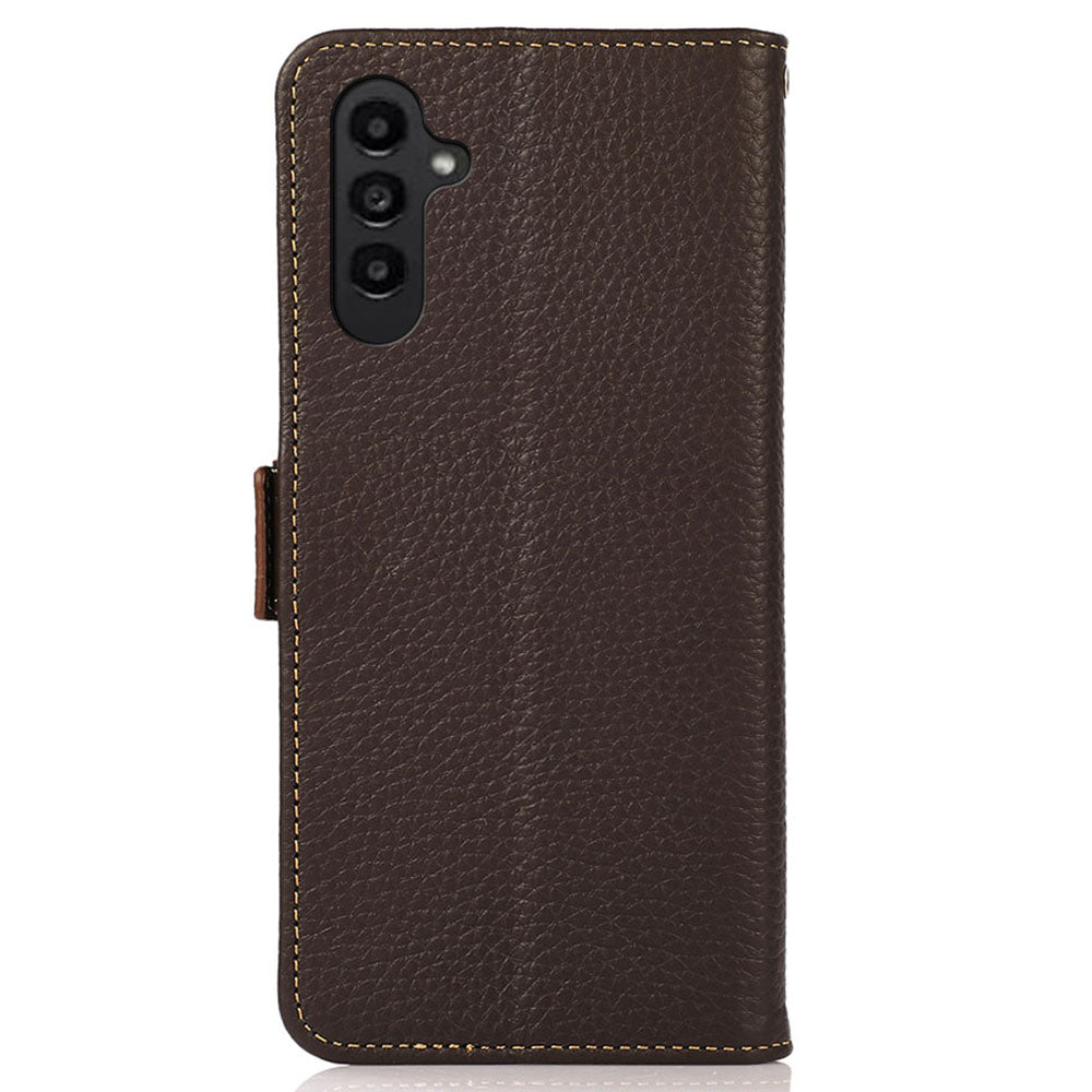 KHAZNEH For Samsung Galaxy F34 5G / M34 5G RFID Blocking Phone Case Stand Wallet Litchi Texture Genuine Cow Leather Cover - Brown