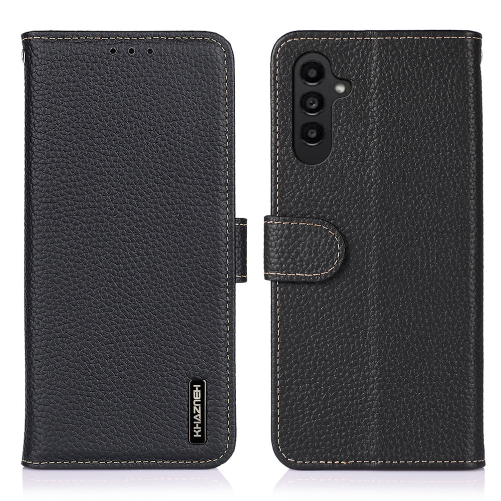 KHAZNEH For Samsung Galaxy F34 5G / M34 5G Phone Wallet Case Litchi Texture Genuine Cow Leather Stand Cover - Black