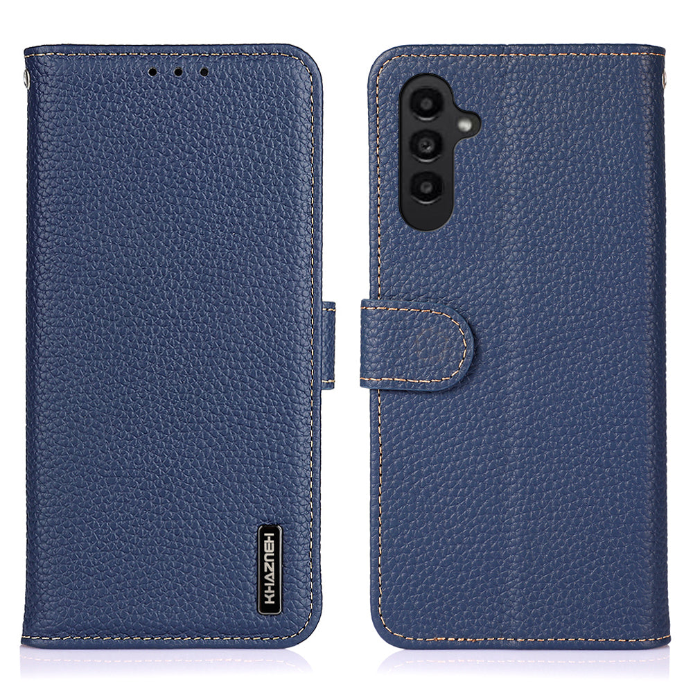 KHAZNEH For Samsung Galaxy F34 5G / M34 5G Phone Wallet Case Litchi Texture Genuine Cow Leather Stand Cover - Blue