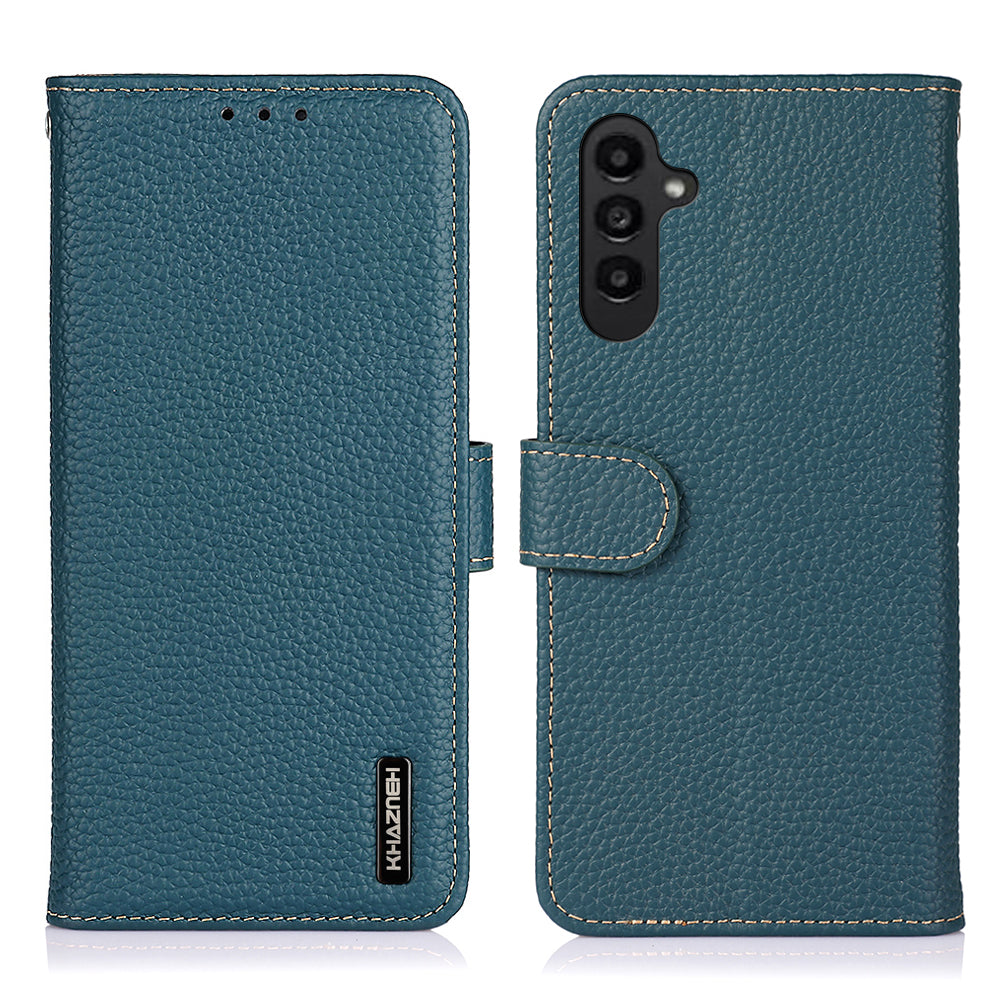 KHAZNEH For Samsung Galaxy F34 5G / M34 5G Phone Wallet Case Litchi Texture Genuine Cow Leather Stand Cover - Green