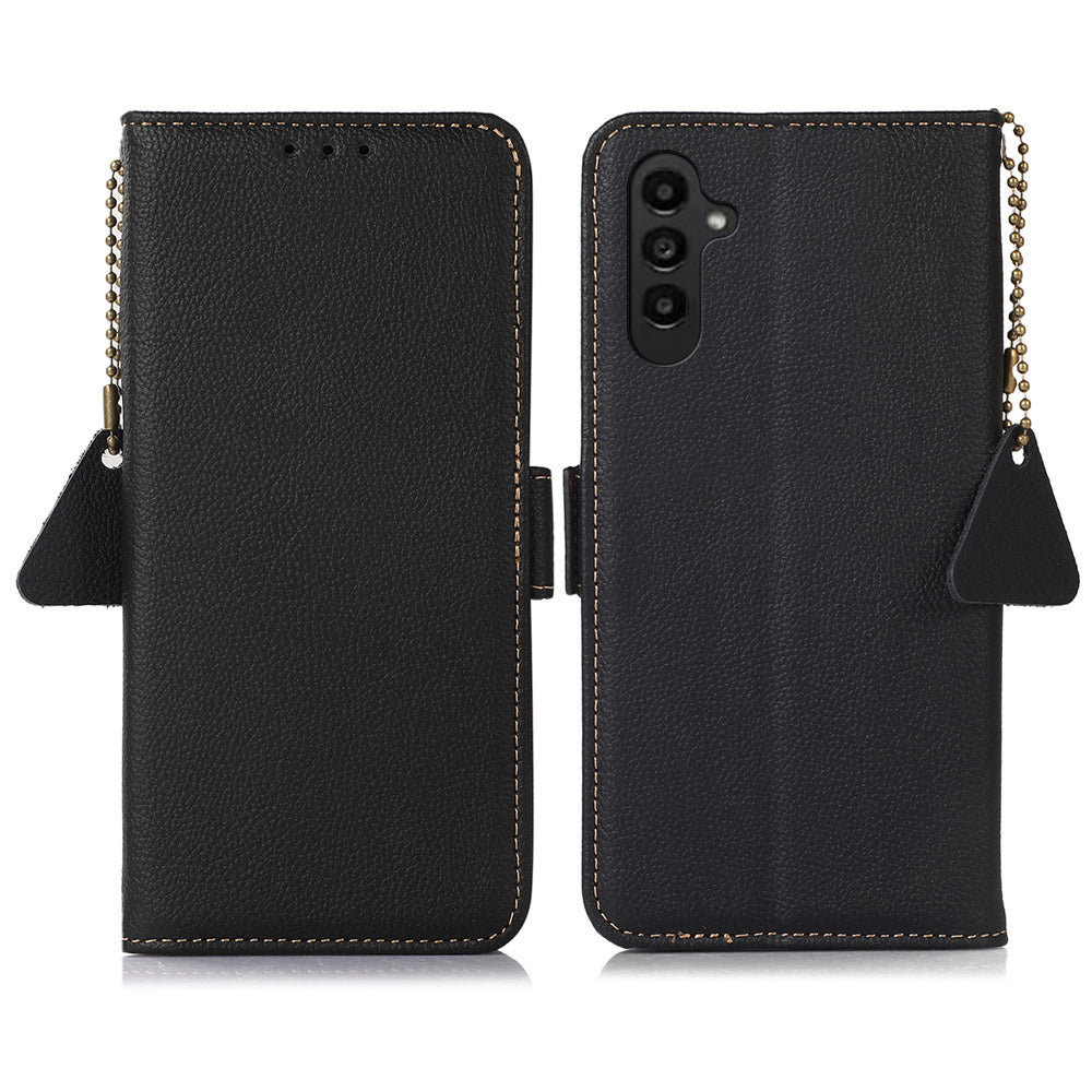 TJ RFID Blocking Phone Case for Samsung Galaxy F34 5G / M34 5G , Wallet Stand Genuine Cow Leather Cover - Black