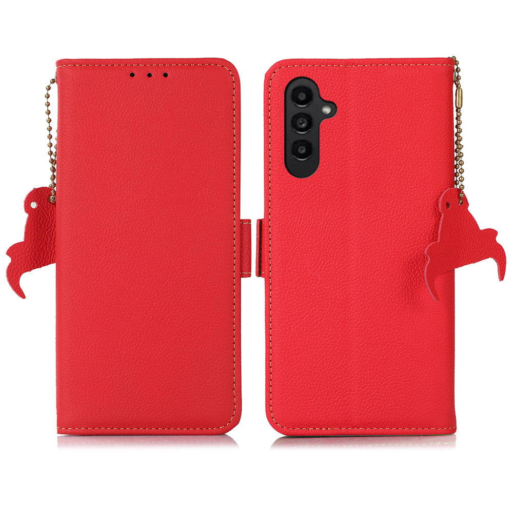 TJ RFID Blocking Phone Case for Samsung Galaxy F34 5G / M34 5G , Wallet Stand Genuine Cow Leather Cover - Red