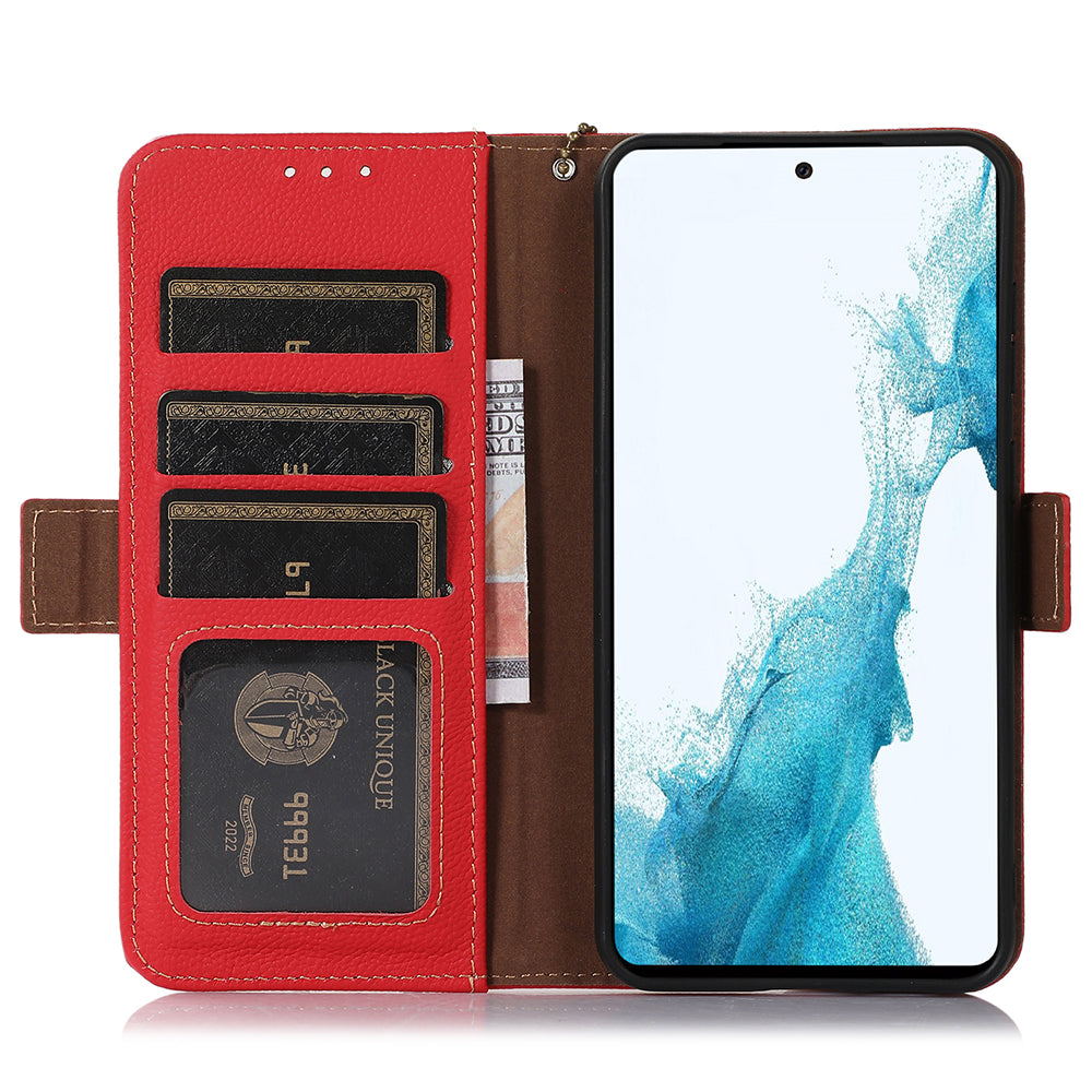 TJ RFID Blocking Phone Case for Samsung Galaxy F34 5G / M34 5G , Wallet Stand Genuine Cow Leather Cover - Red