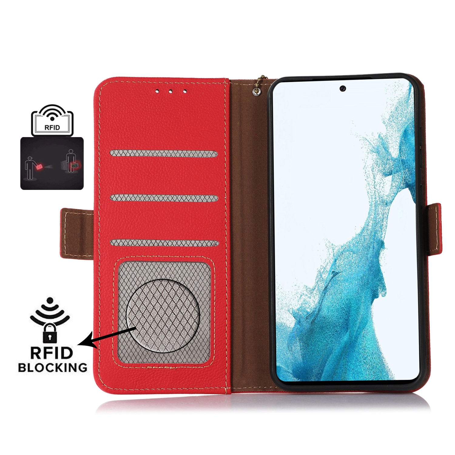 TJ RFID Blocking Phone Case for Samsung Galaxy F34 5G / M34 5G , Wallet Stand Genuine Cow Leather Cover - Red