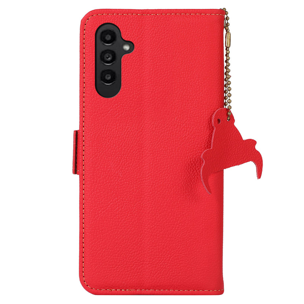 TJ RFID Blocking Phone Case for Samsung Galaxy F34 5G / M34 5G , Wallet Stand Genuine Cow Leather Cover - Red