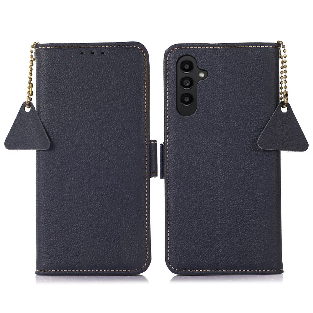 TJ RFID Blocking Phone Case for Samsung Galaxy F34 5G / M34 5G , Wallet Stand Genuine Cow Leather Cover - Blue