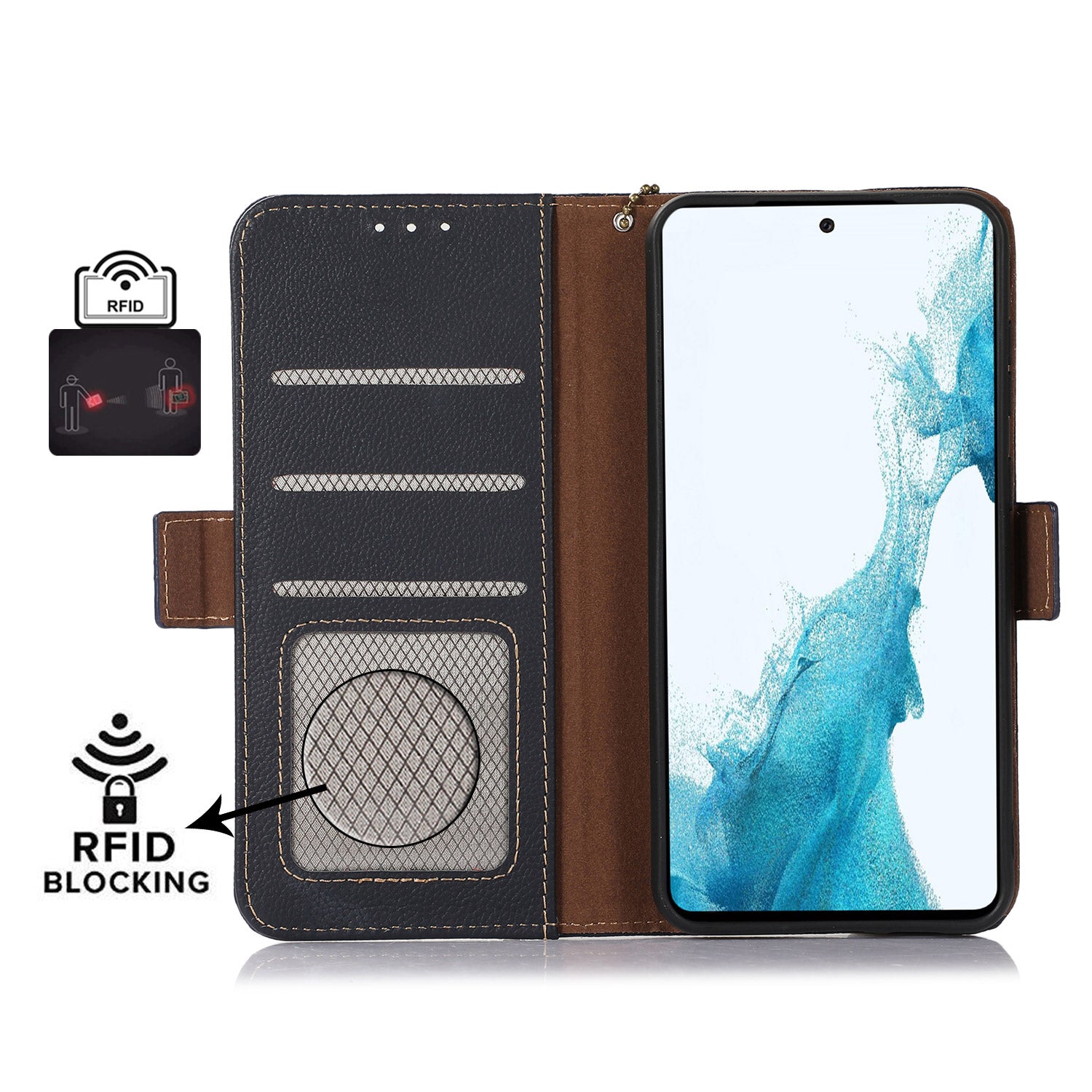 TJ RFID Blocking Phone Case for Samsung Galaxy F34 5G / M34 5G , Wallet Stand Genuine Cow Leather Cover - Blue